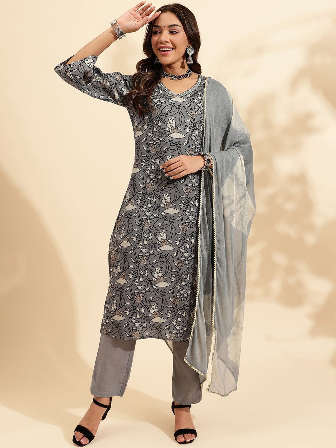 

KALINI Floral Printed Regular Mirror Work Pure Cotton Kurta with Trousers & Dupatta, Grey