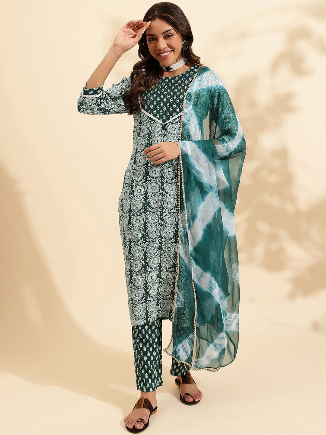 

KALINI Ethnic Motifs Printed Regular Pure Cotton Kurta with Trousers & Dupatta, Green