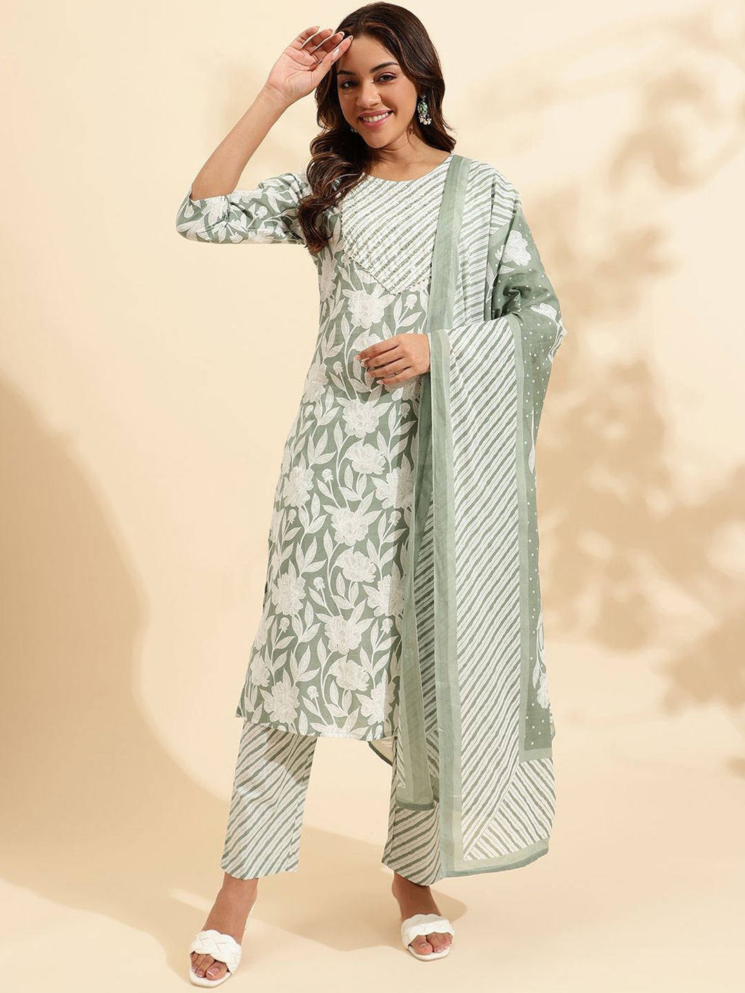 

KALINI Floral Printed Regular Sequinned Pure Cotton Kurta with Trousers & With Dupatta, Lime green