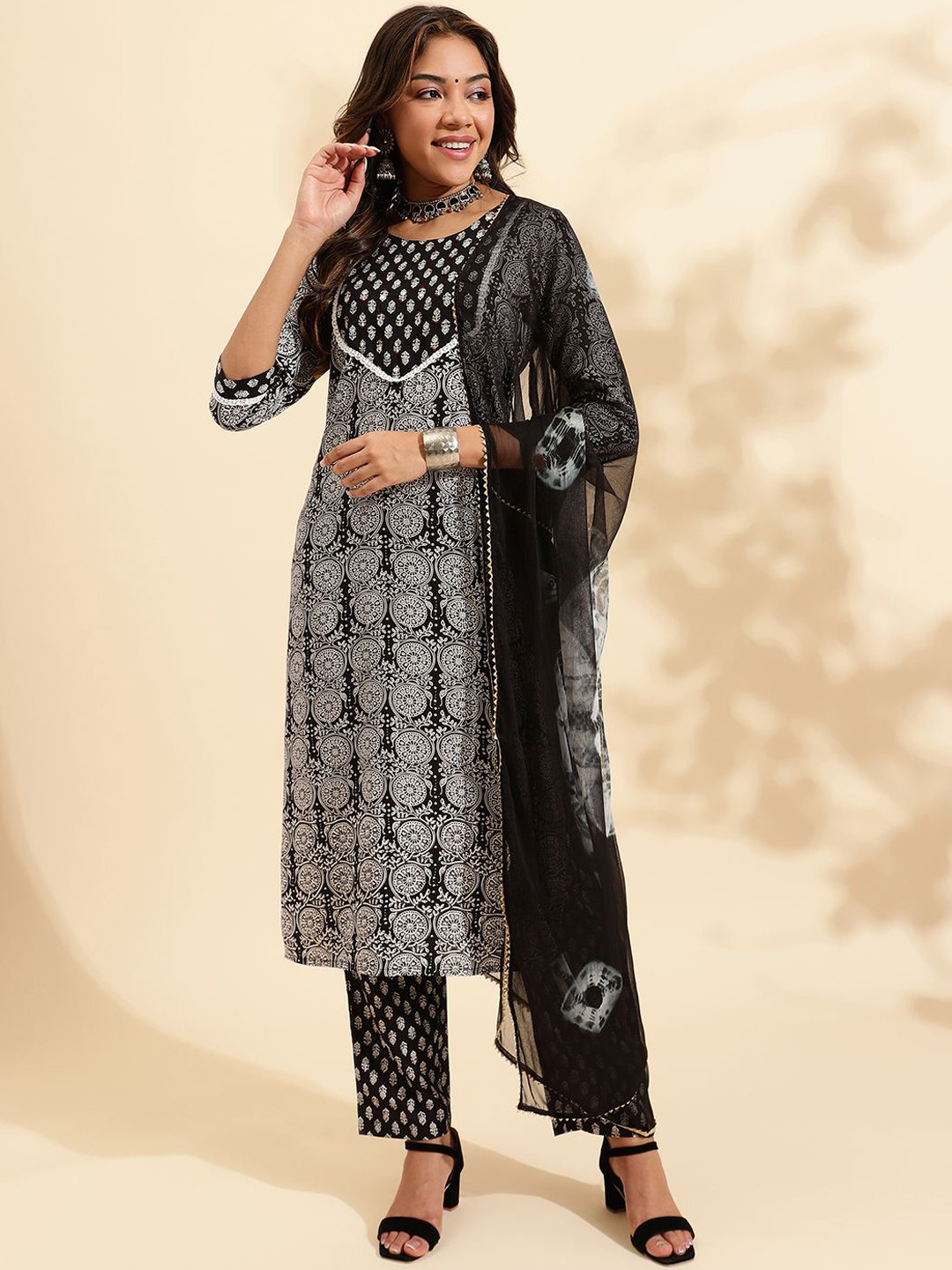 

KALINI Ethnic Motifs Printed Regular Pure Cotton Kurta with Trousers & With Dupatta, Black