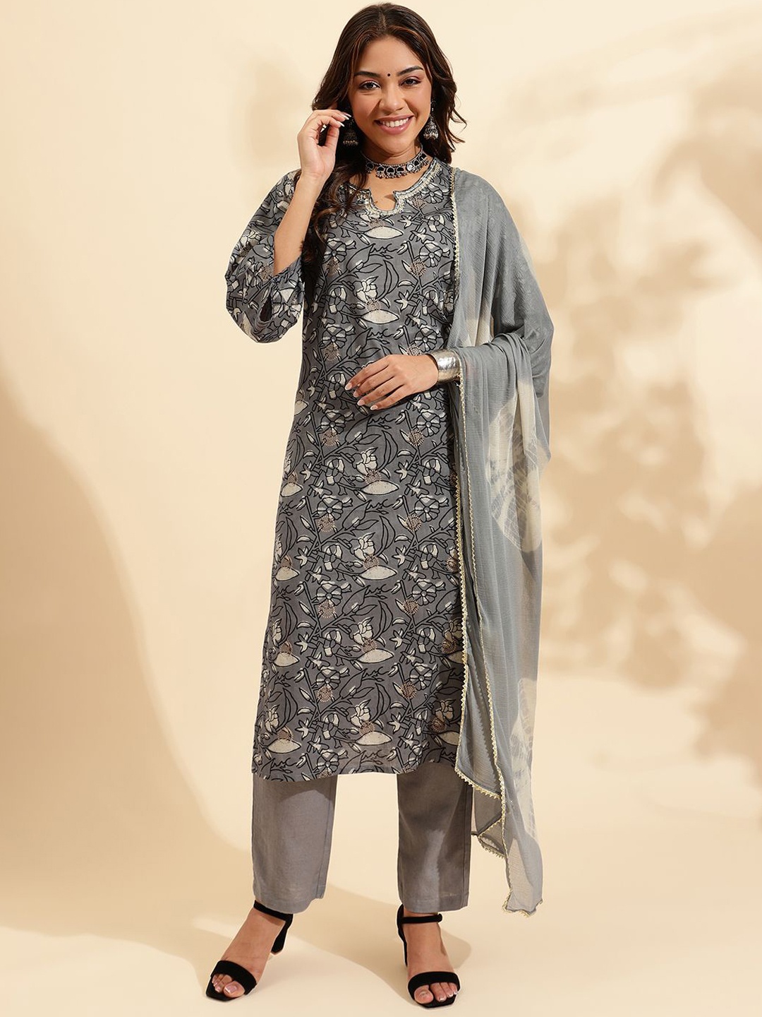 

KALINI Floral Printed Regular Mirror Work Pure Cotton Kurta with Trousers & With Dupatta, Grey