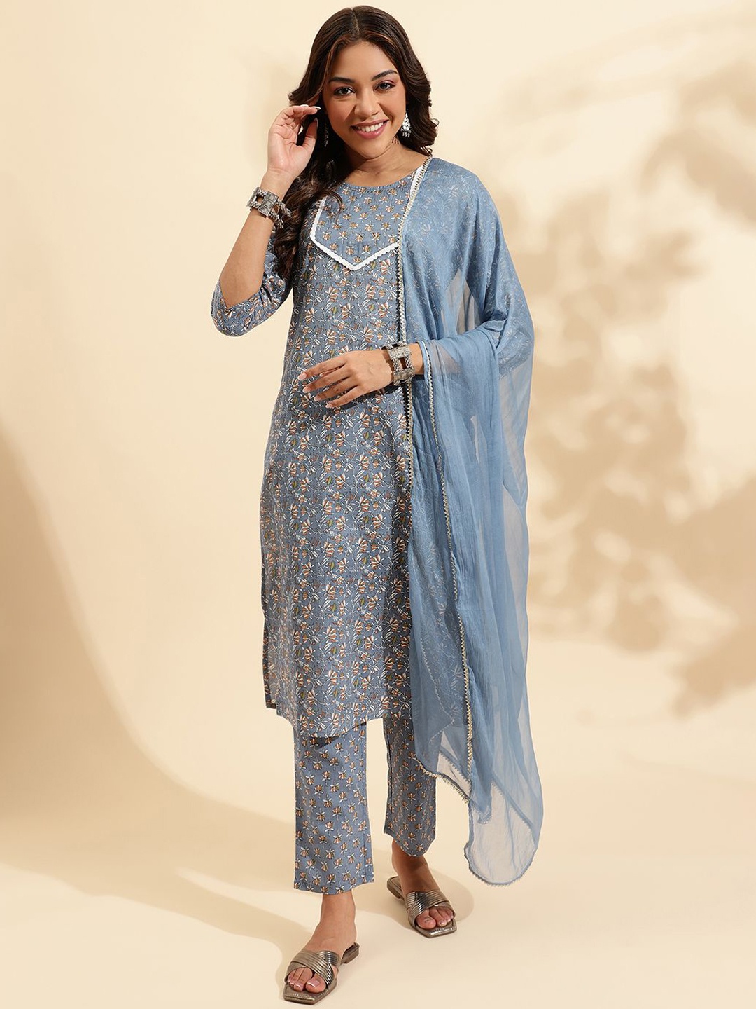 

KALINI Floral Printed Pure Cotton Straight Kurta with Trousers & With Dupatta, Blue