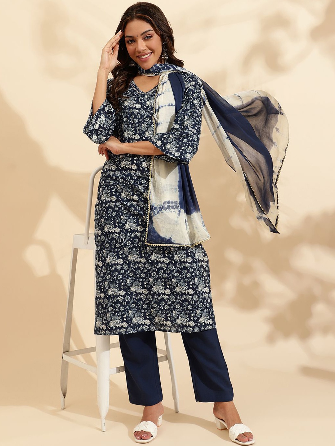 

KALINI Floral Printed Sequinned Pure Cotton Straight Kurta with Trousers & With Dupatta, Navy blue