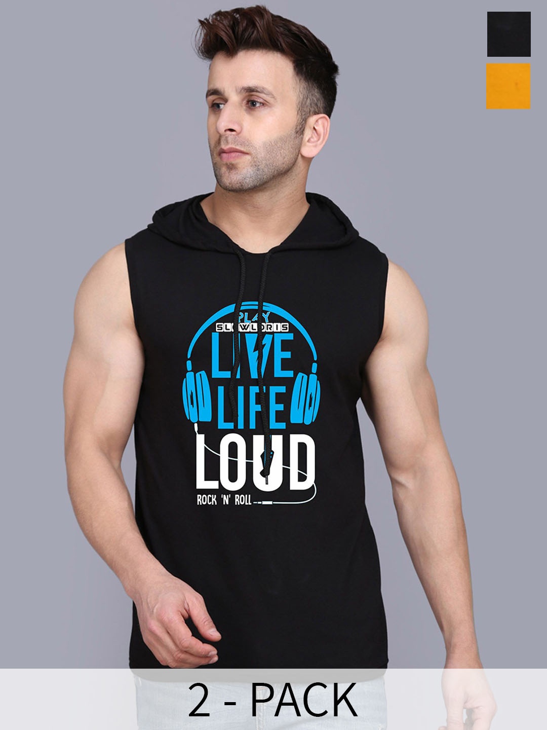 

SLOWLORIS Pack Of 2 Printed Hooded Cotton Gym Vests SL28 COMBO (JUST MUSTARD) (LOUD BLACK)