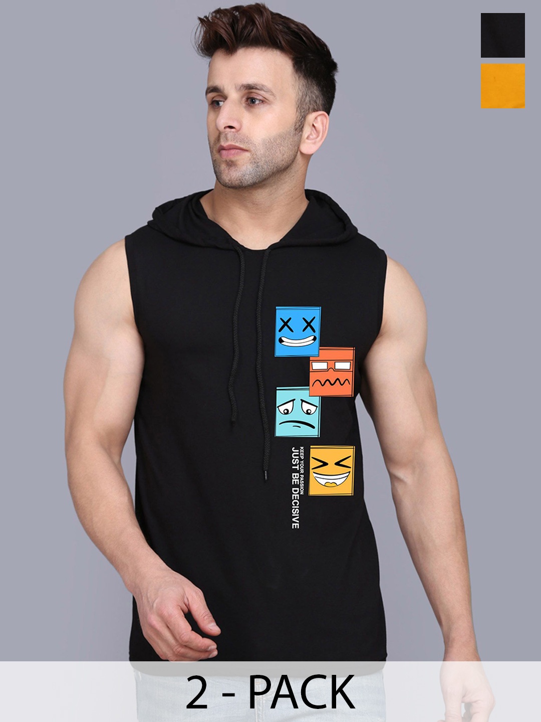 

SLOWLORIS Pack Of 2 Printed Hooded Cotton Gym Vest SL28 COMBO (JUST BLACK) (ADV MUSTARD)