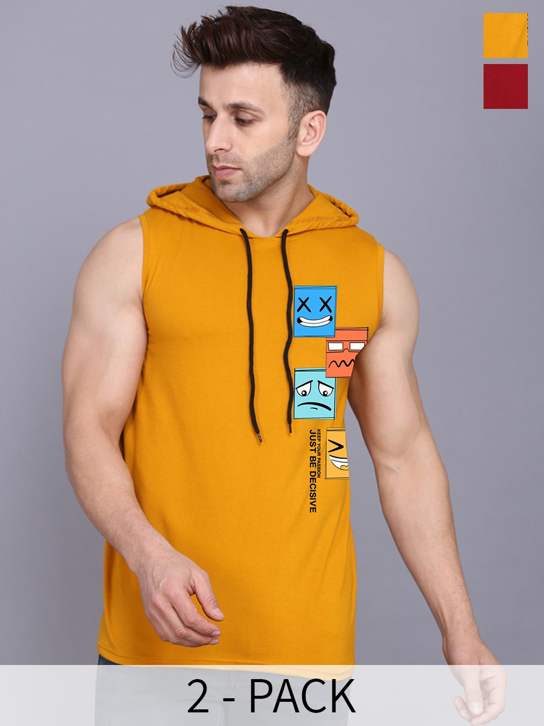 

SLOWLORIS Pack Of 2 Printed Cotton Innerwear Vests, Mustard