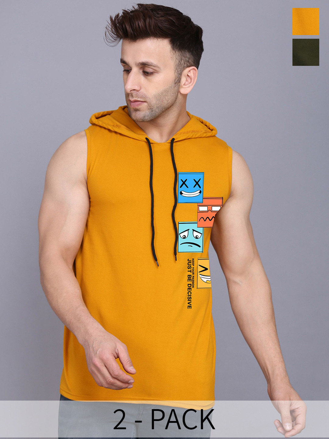 

SLOWLORIS Pack Of 2 Printed Hooded Cotton Gym Vest SL28 COMBO (JUST MUSTARD) (LOUD OLIVE)