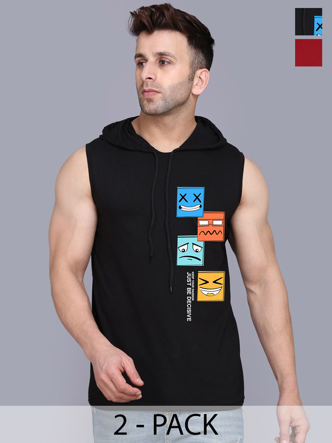 

SLOWLORIS Pack Of 2 Printed Sleeveless Hooded Gym Innerwear Vests, Black