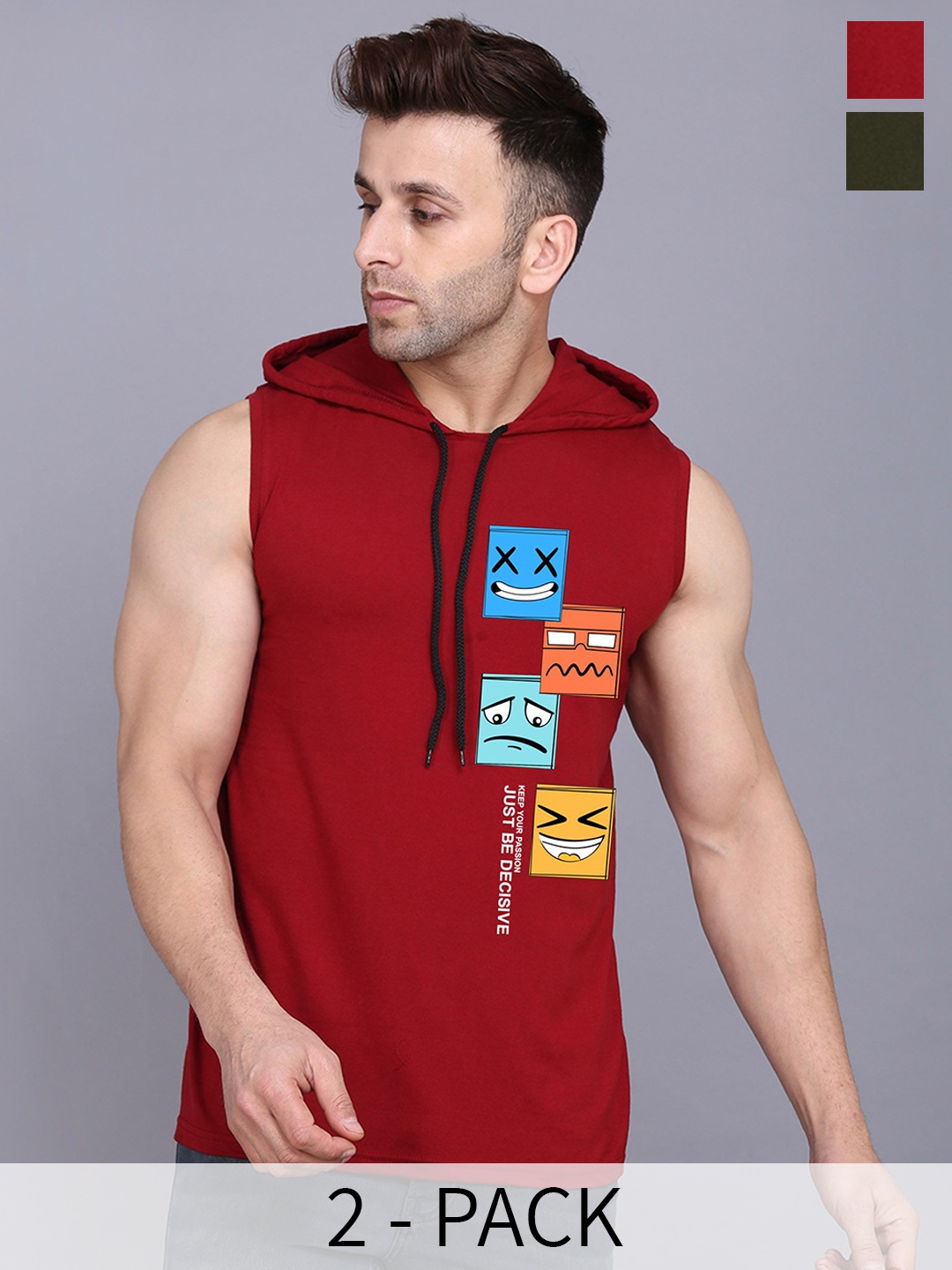 

SLOWLORIS Pack Of 2 Printed Sleeveless Hooded Gym Innerwear Vests, Maroon