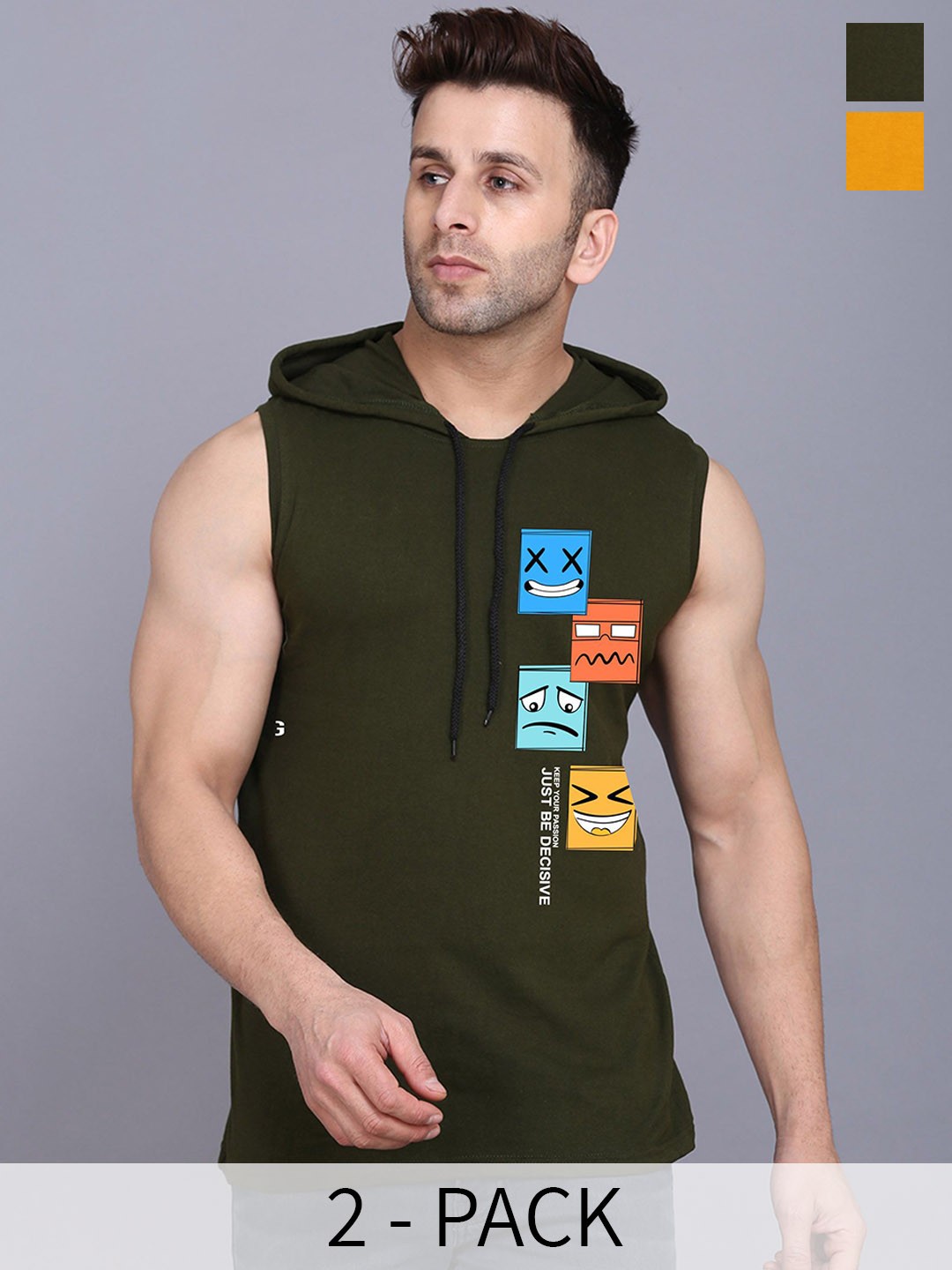 

SLOWLORIS Pack Of 2 Printed Sleeveless Hooded Gym Innerwear Vests, Olive