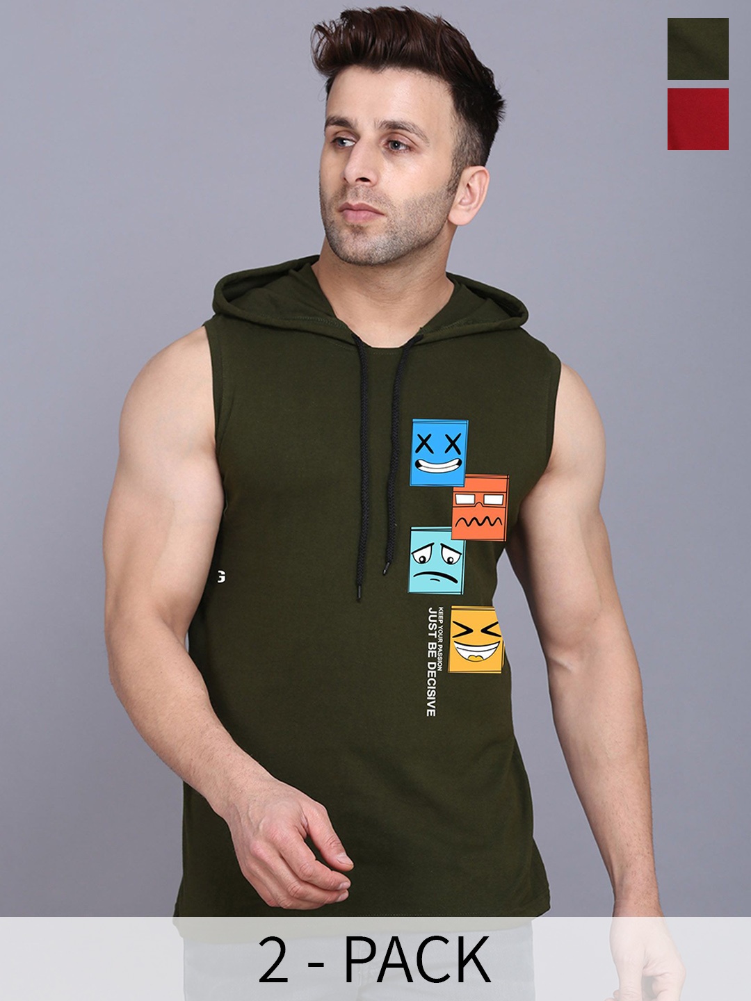 

SLOWLORIS Pack Of 2 Printed Sleeveless Hooded Gym Innerwear Vests, Olive