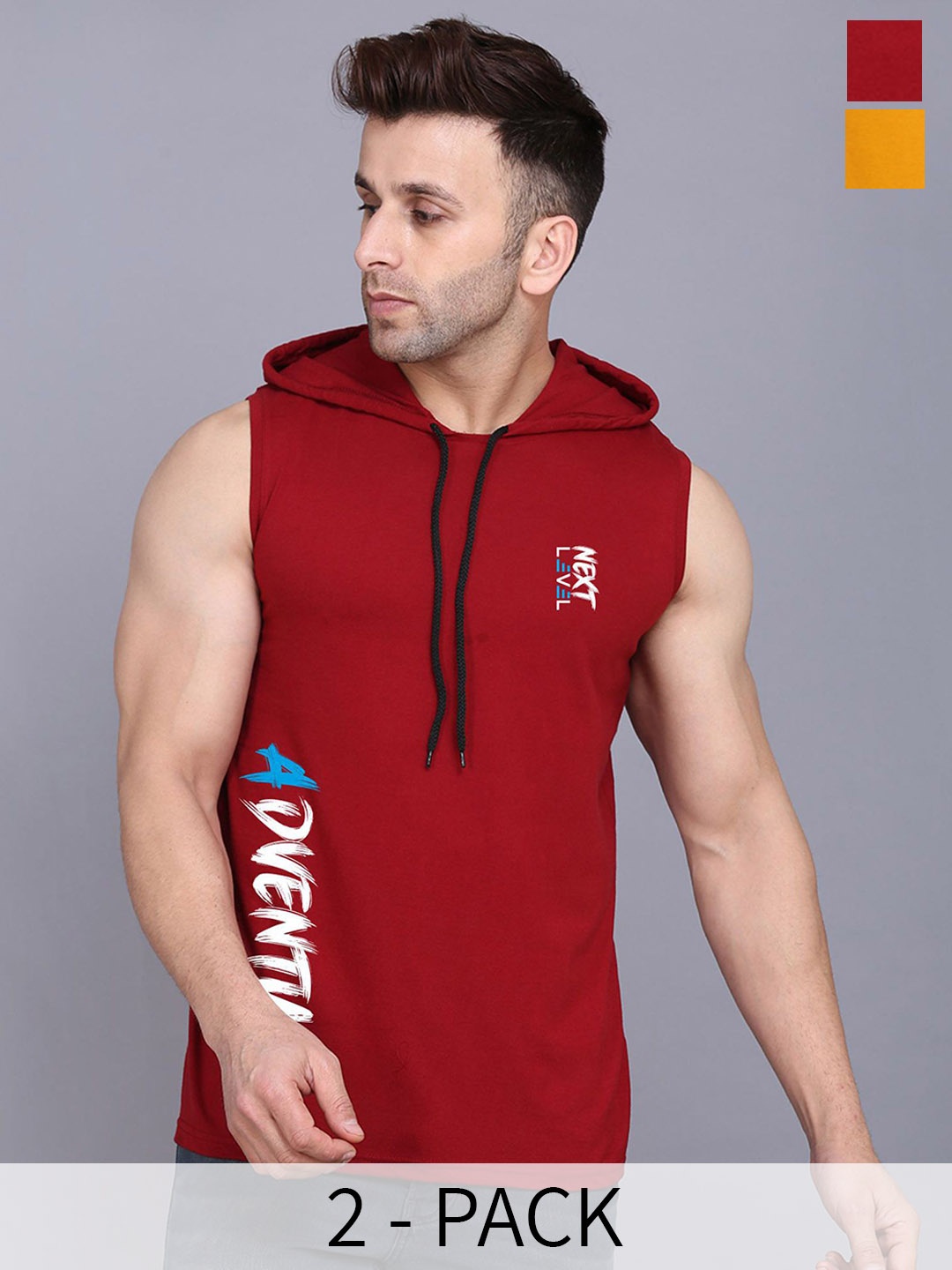 

SLOWLORIS Pack Of 2 Printed Sleeveless Hooded Gym Innerwear Vests, Mustard