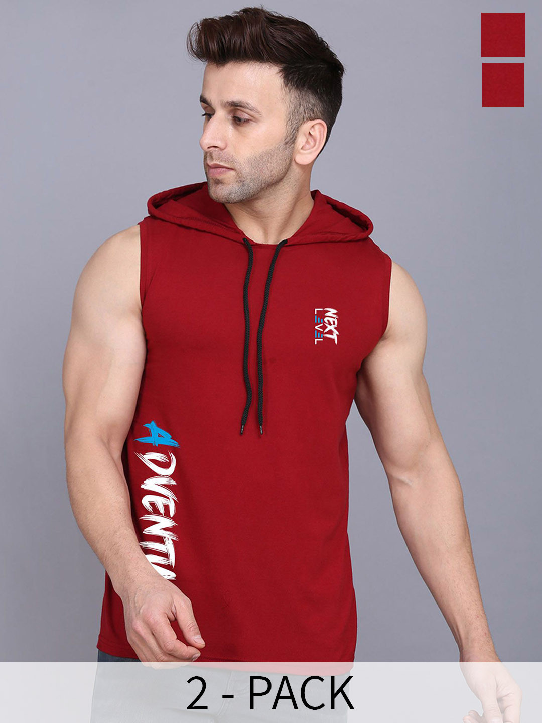

SLOWLORIS Pack Of 2 Printed Sleeveless Hooded Gym Innerwear Vests, Maroon