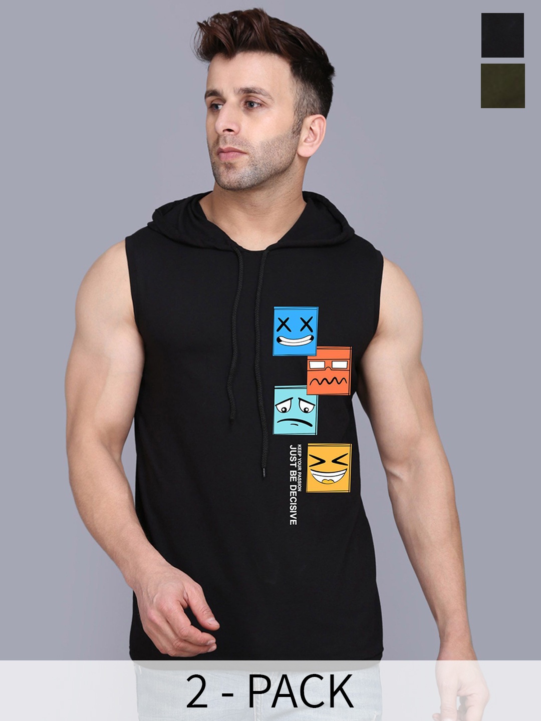 

SLOWLORIS Pack Of 2 Printed Sleeveless Hooded Gym Innerwear Vests, Black