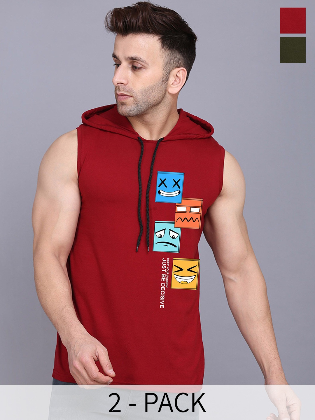 

SLOWLORIS Pack Of 2 Printed Sleeveless Hooded Gym Innerwear Vests, Maroon