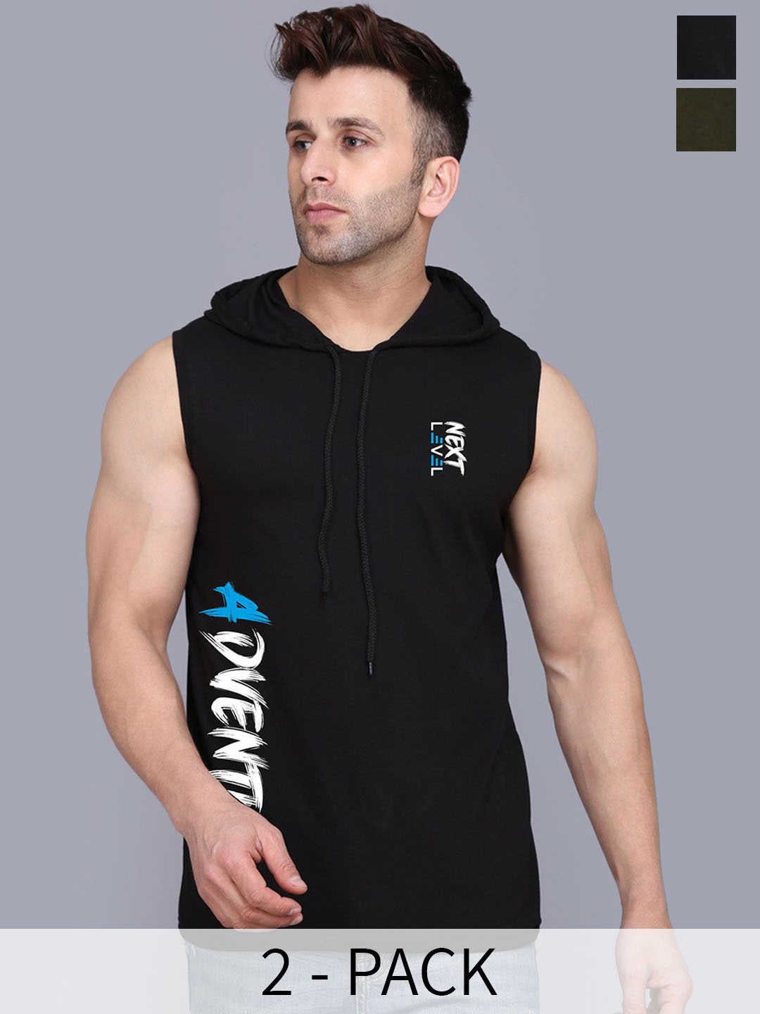 

SLOWLORIS Pack Of 2 Printed Sleeveless Hooded Gym Innerwear Vests, Olive