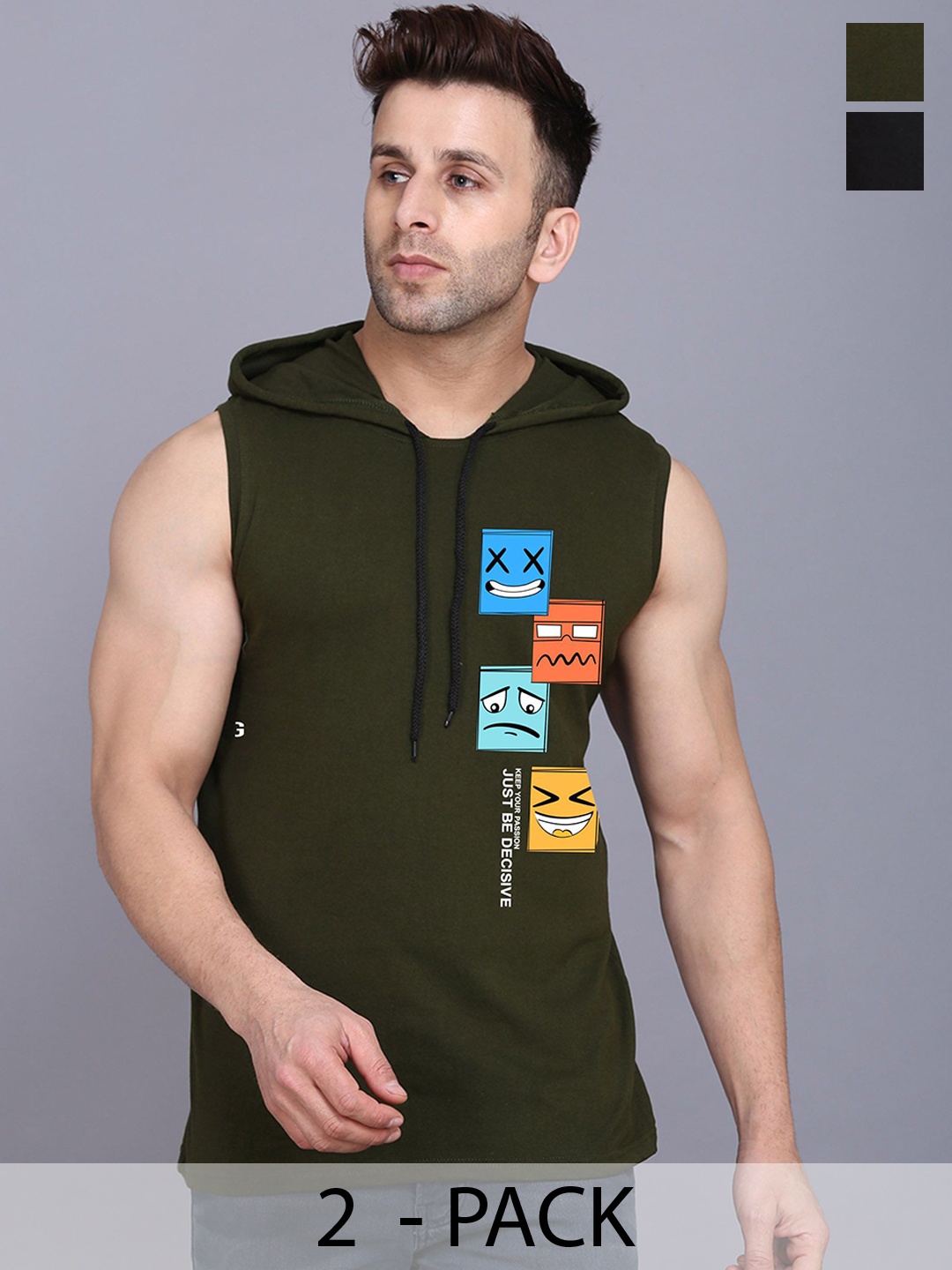 

SLOWLORIS Pack Of 2 Printed Sleeveless Hooded Gym Innerwear Vests, Olive