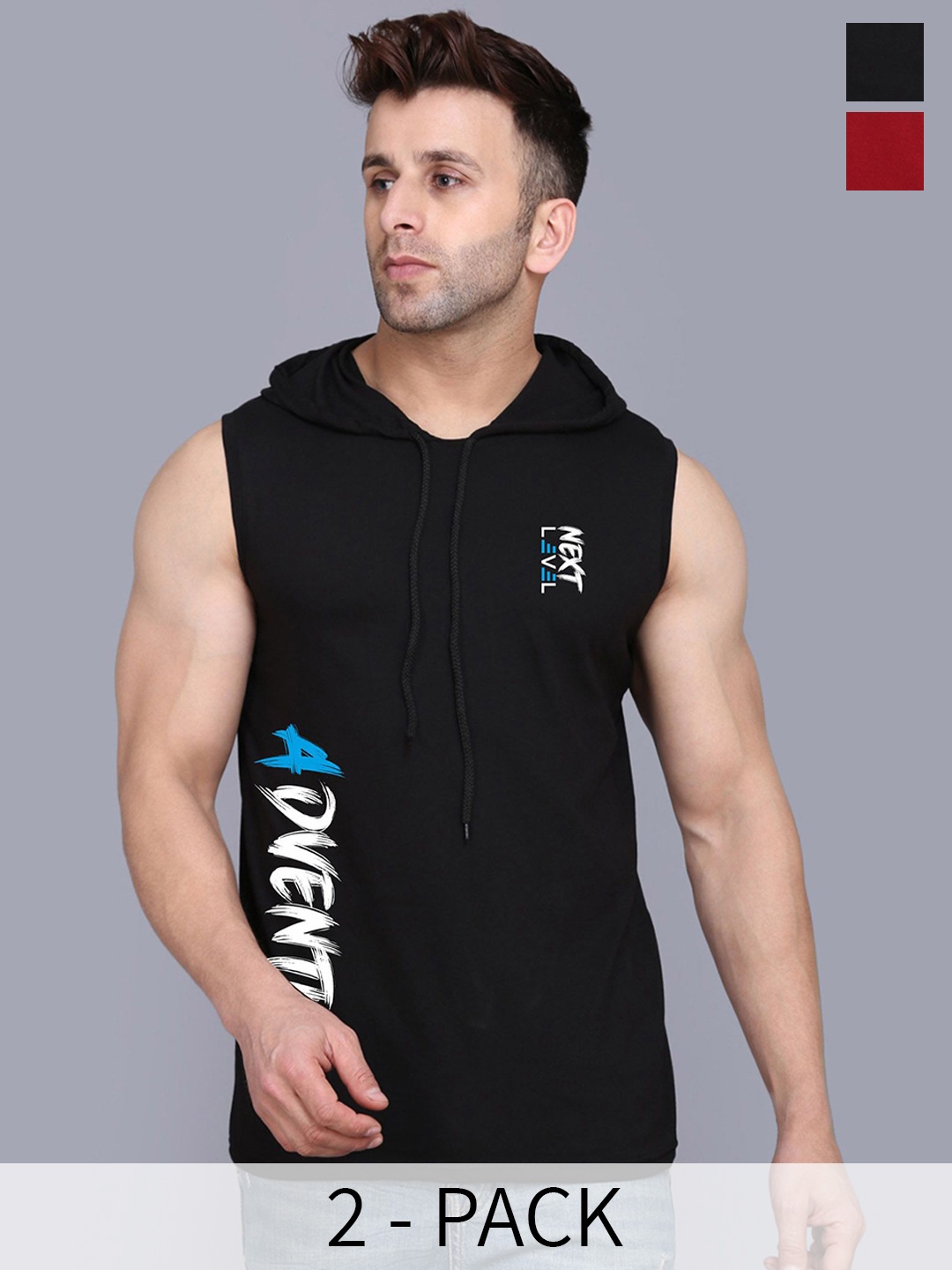 

SLOWLORIS Pack Of 2 Printed Sleeveless Hooded Gym Innerwear Vests, Maroon