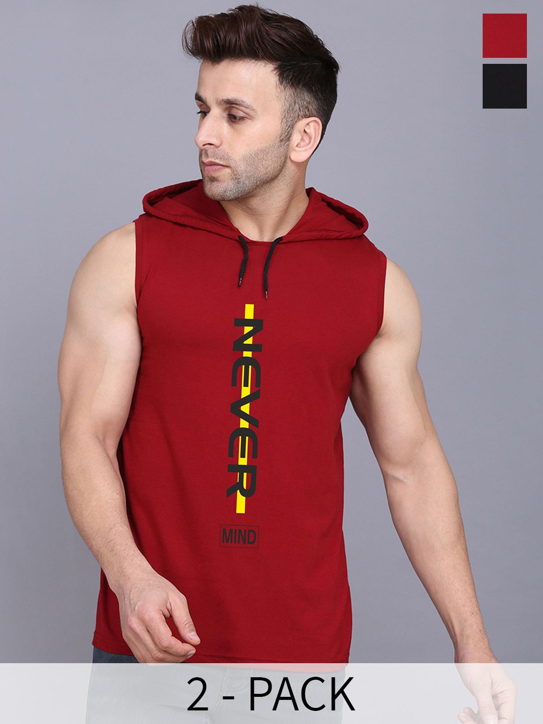 

SLOWLORIS Pack Of 2 Printed Sleeveless Hooded Gym Innerwear Vests, Black