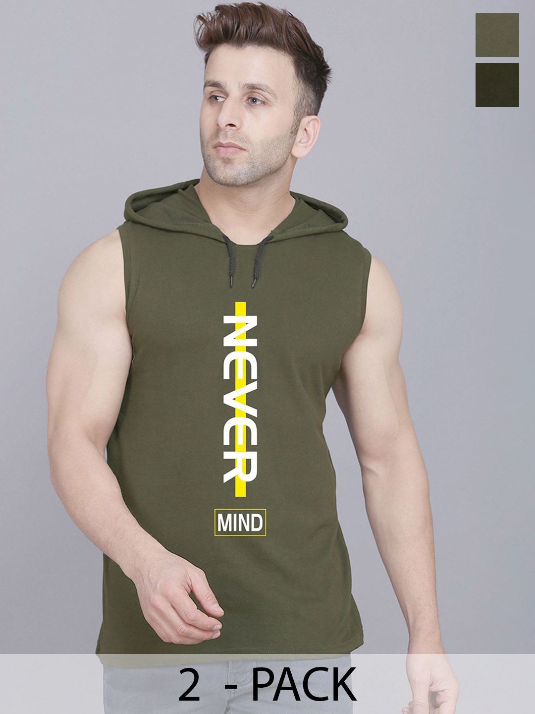 

SLOWLORIS Pack Of 2 Printed Sleeveless Hooded Gym Innerwear Vests, Olive