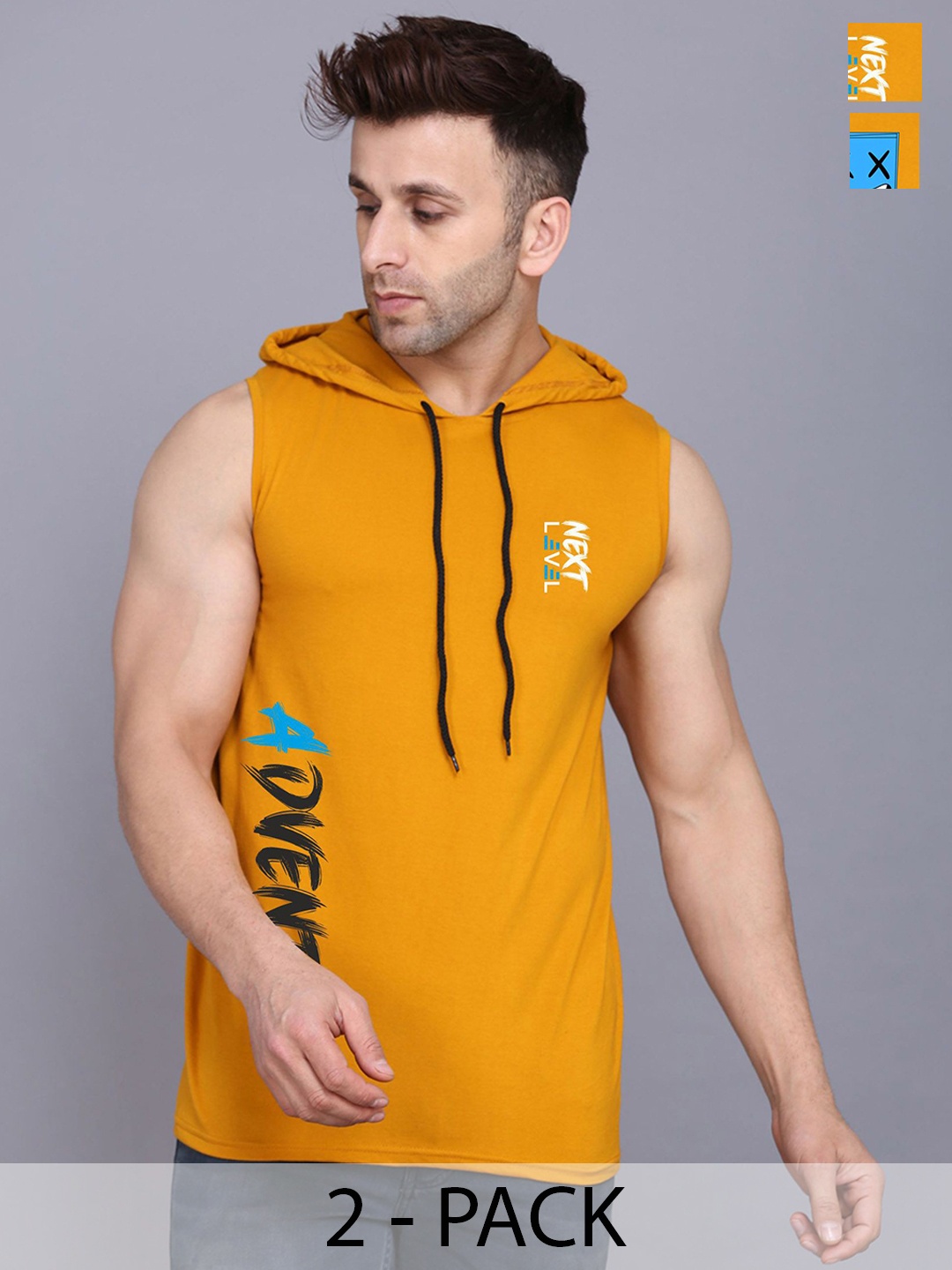 

SLOWLORIS Pack Of 2 Printed Sleeveless Hooded Gym Innerwear Vests, Mustard