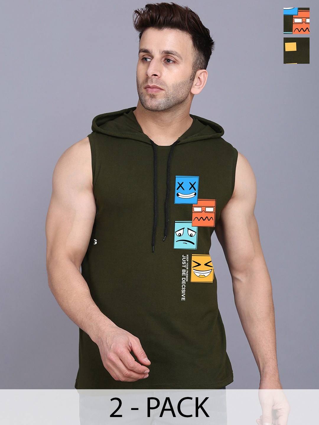 

SLOWLORIS Pack Of 2 Printed Sleeveless Hooded Gym Innerwear Vests, Olive