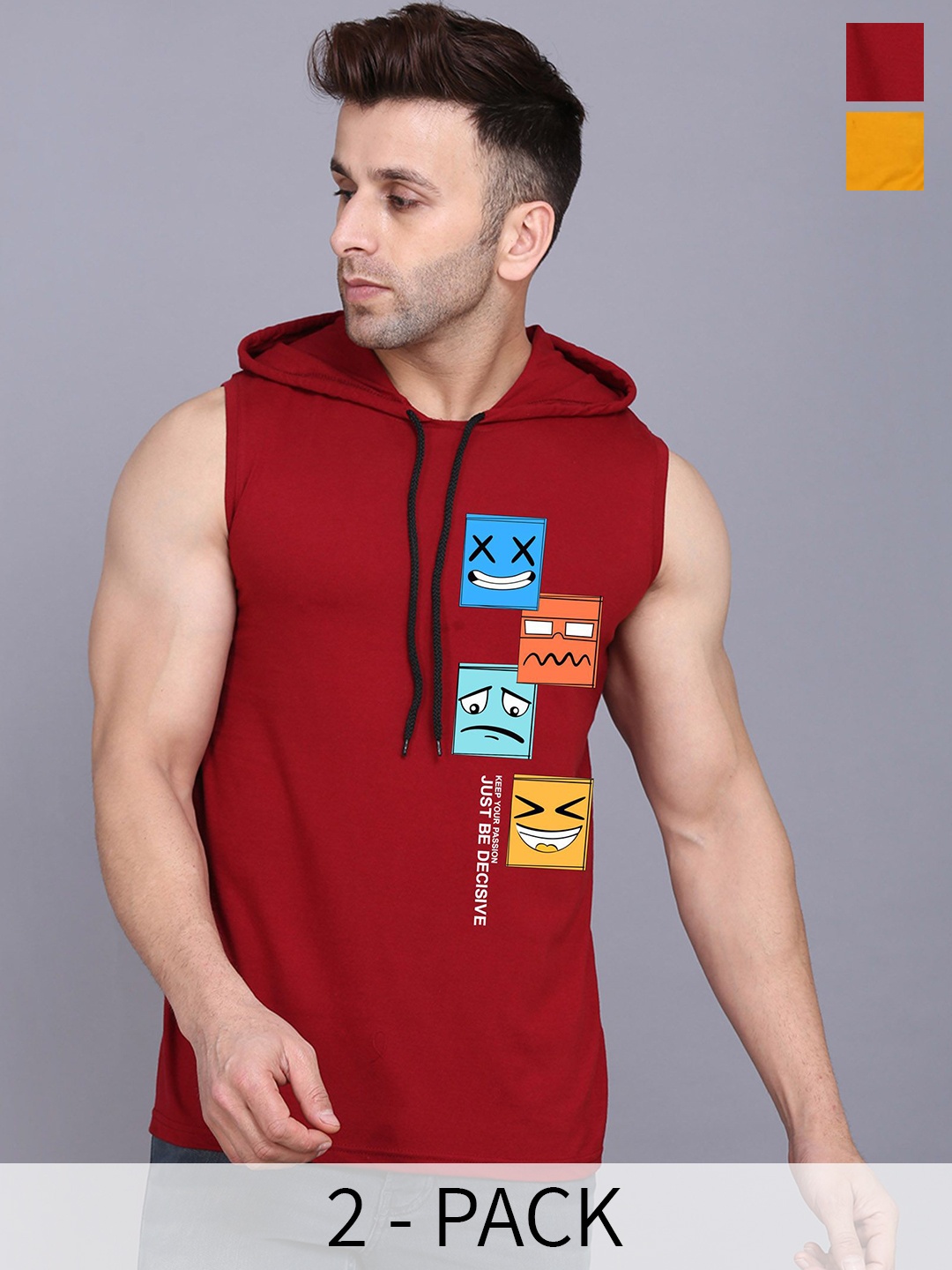 

SLOWLORIS Pack Of 2 Printed Sleeveless Hooded Gym Vests, Maroon