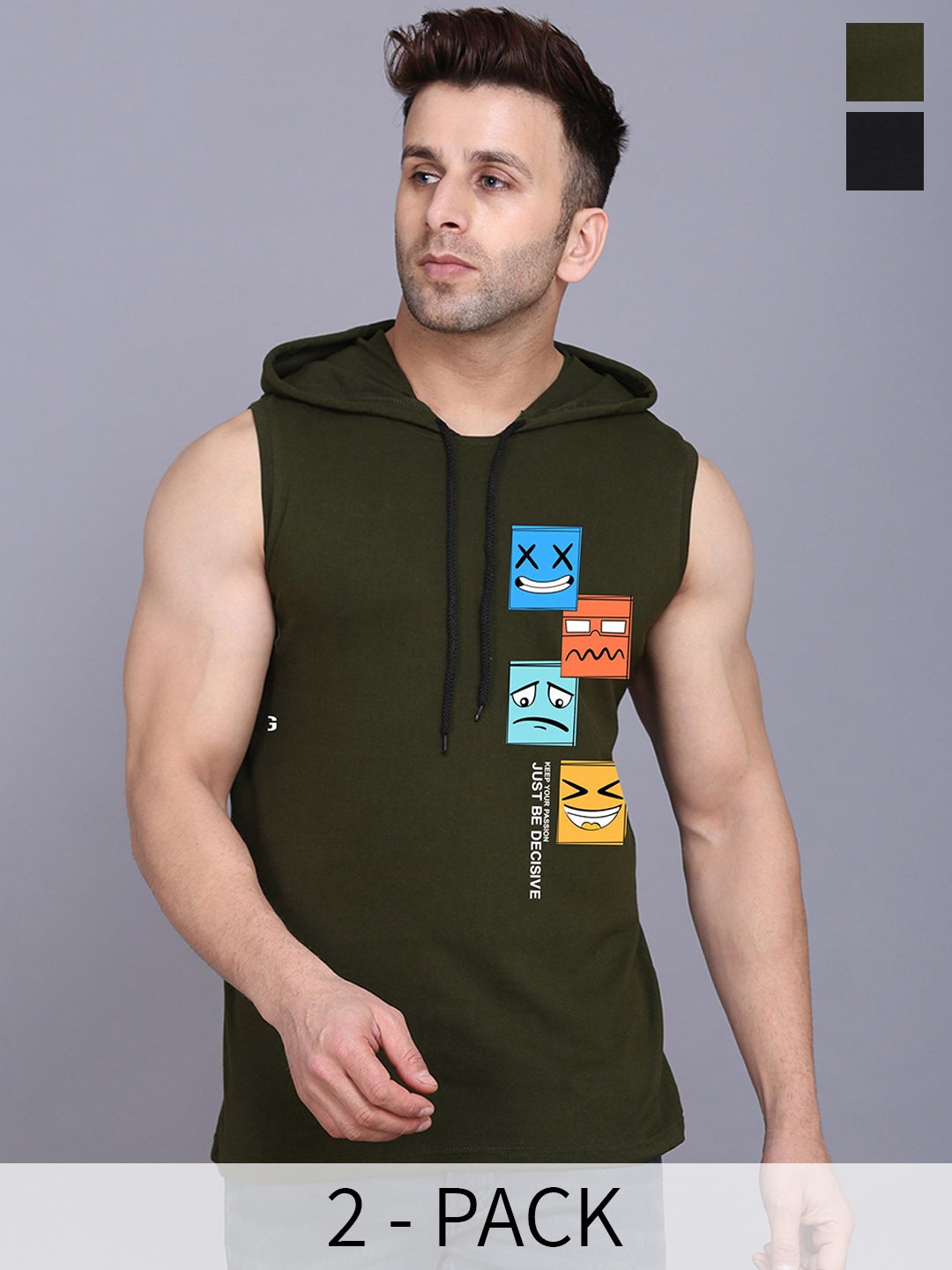 

SLOWLORIS Pack Of 2 Printed Hooded Gym Vests, Olive