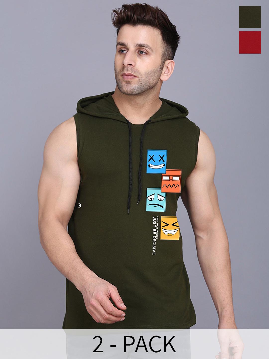 

SLOWLORIS Pack Of 2 Printed Hooded Gym Vests, Olive