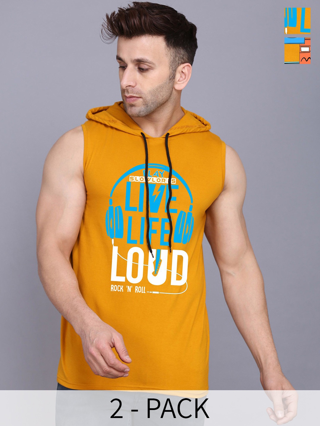 

SLOWLORIS Set Of 2 Printed Hooded neck Cotton Gym Innerwear Vests, Mustard