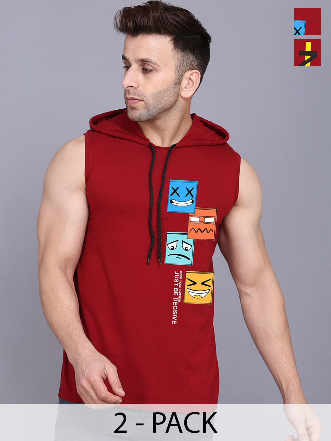 

SLOWLORIS Pack Of 2 Printed Hooded Neck Cotton Gym Innerwear Vests, Maroon