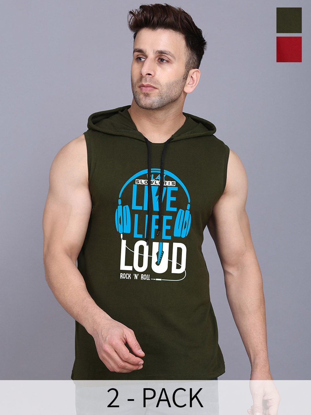 

SLOWLORIS Pack Of 2 Printed Hooded Gym Vest, Maroon