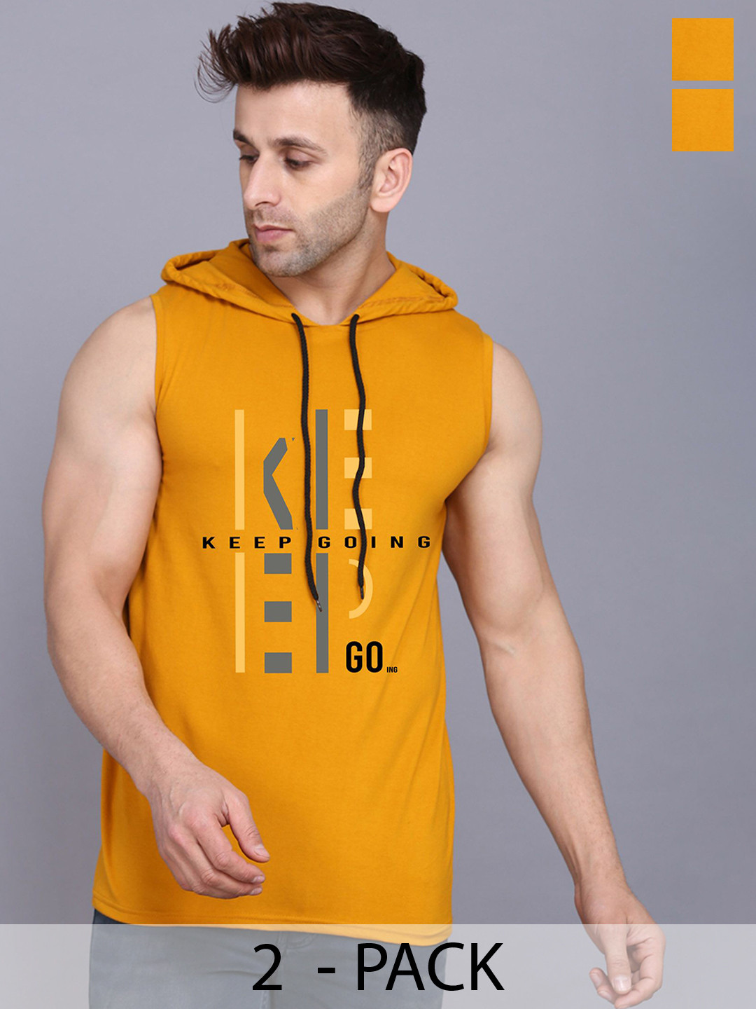 

SLOWLORIS Set Of 2 Printed Hooded Cotton Innerwear Vests, Mustard