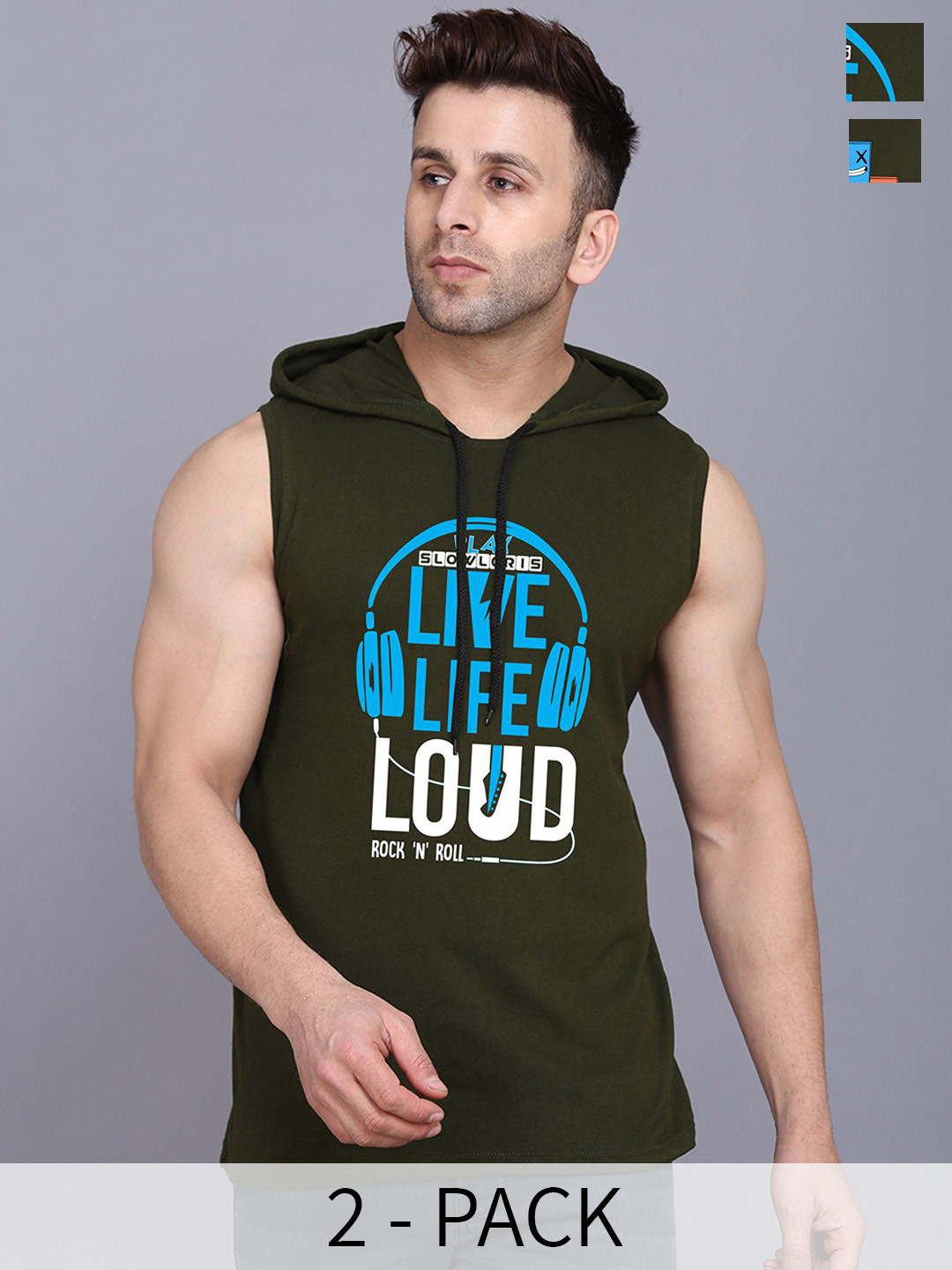 

SLOWLORIS Pack Of 2 Printed Sleeveless Gym Vests, Olive