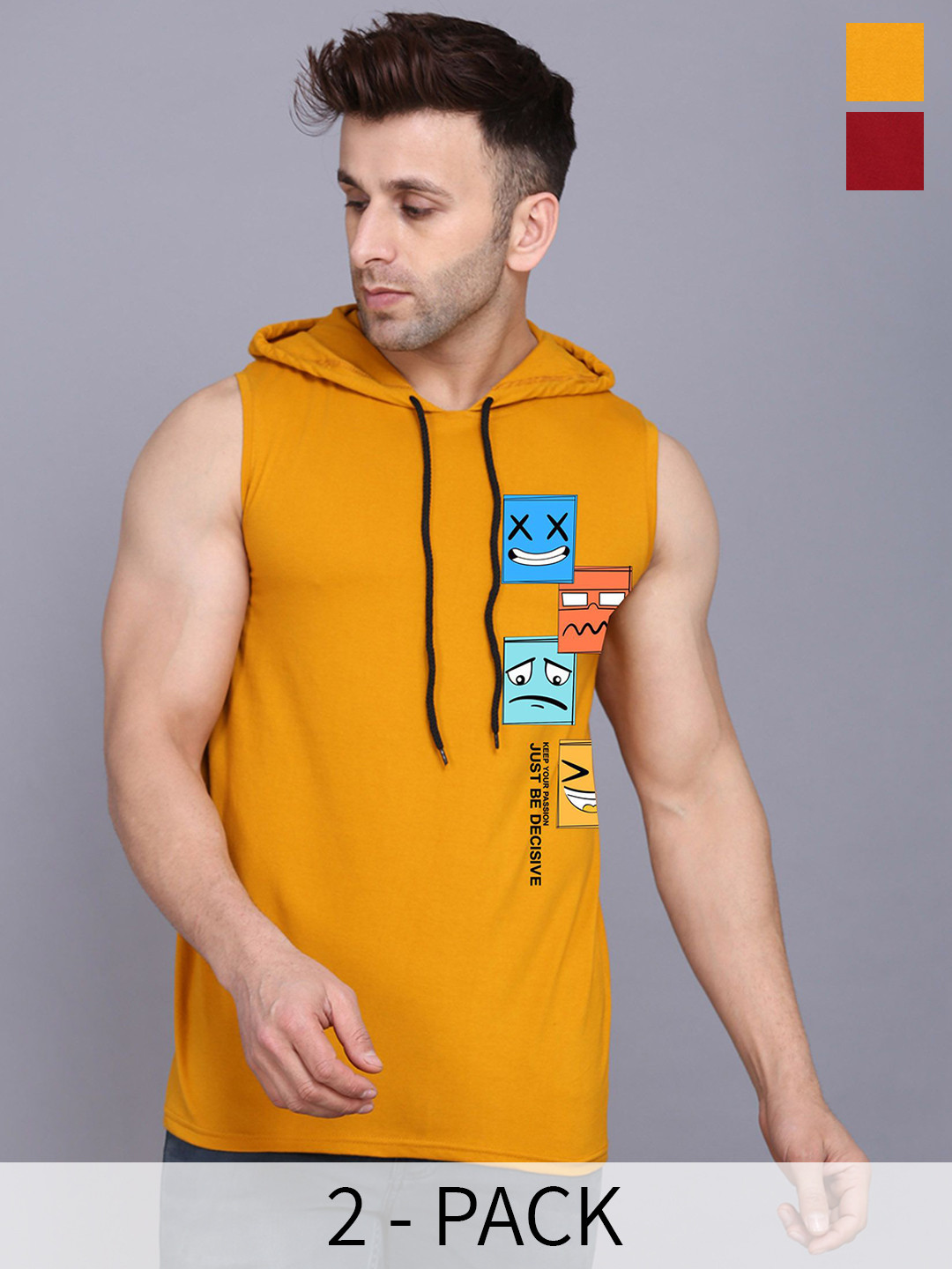 

SLOWLORIS Pack of 2 Printed Hooded Gym Innerwear Vests, Mustard