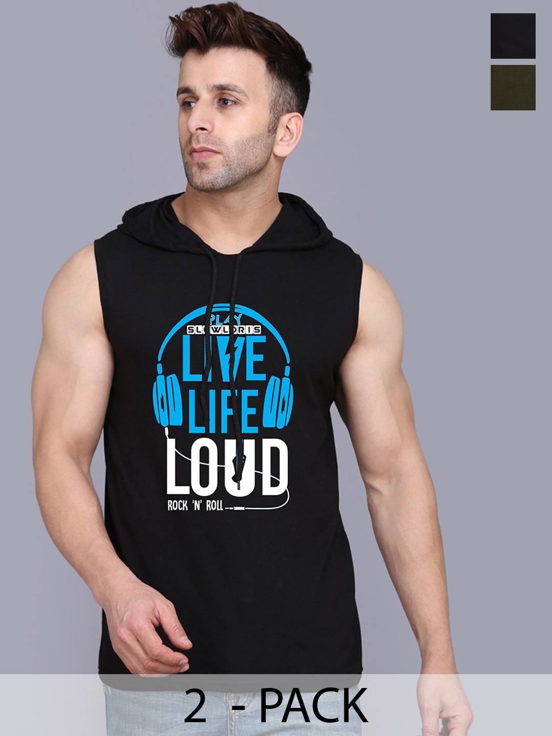 

SLOWLORIS Pack Of 2 Printed Sleeveless Gym Innerwear Vests, Olive