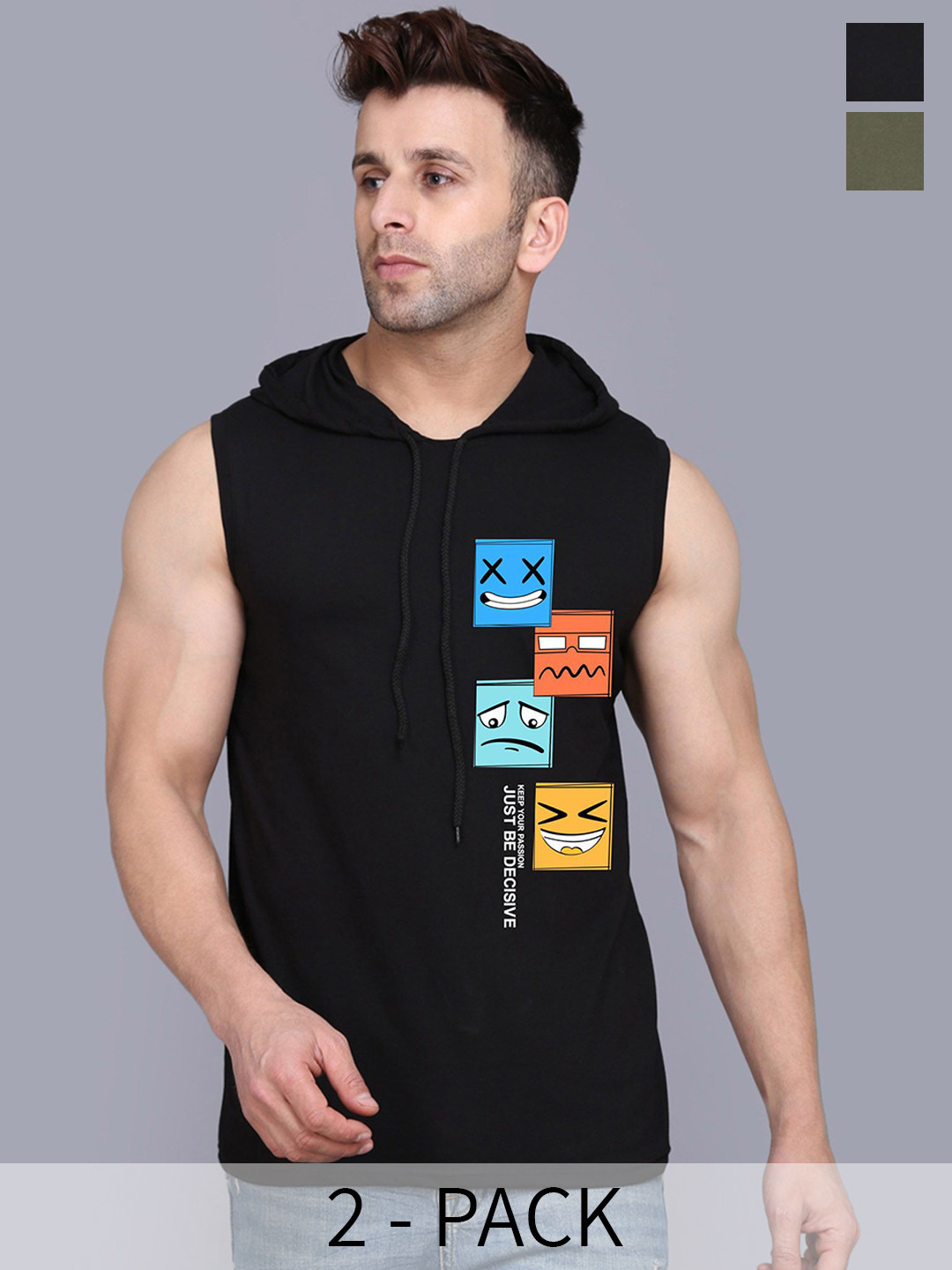 

SLOWLORIS Pack Of 2 Printed Hooded Gym Innerwear Vests, Black
