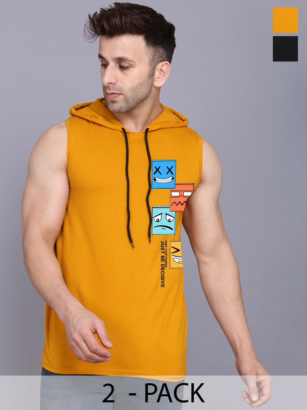 

SLOWLORIS Pack Of 2 Printed Hooded Gym Innerwear Vests, Mustard