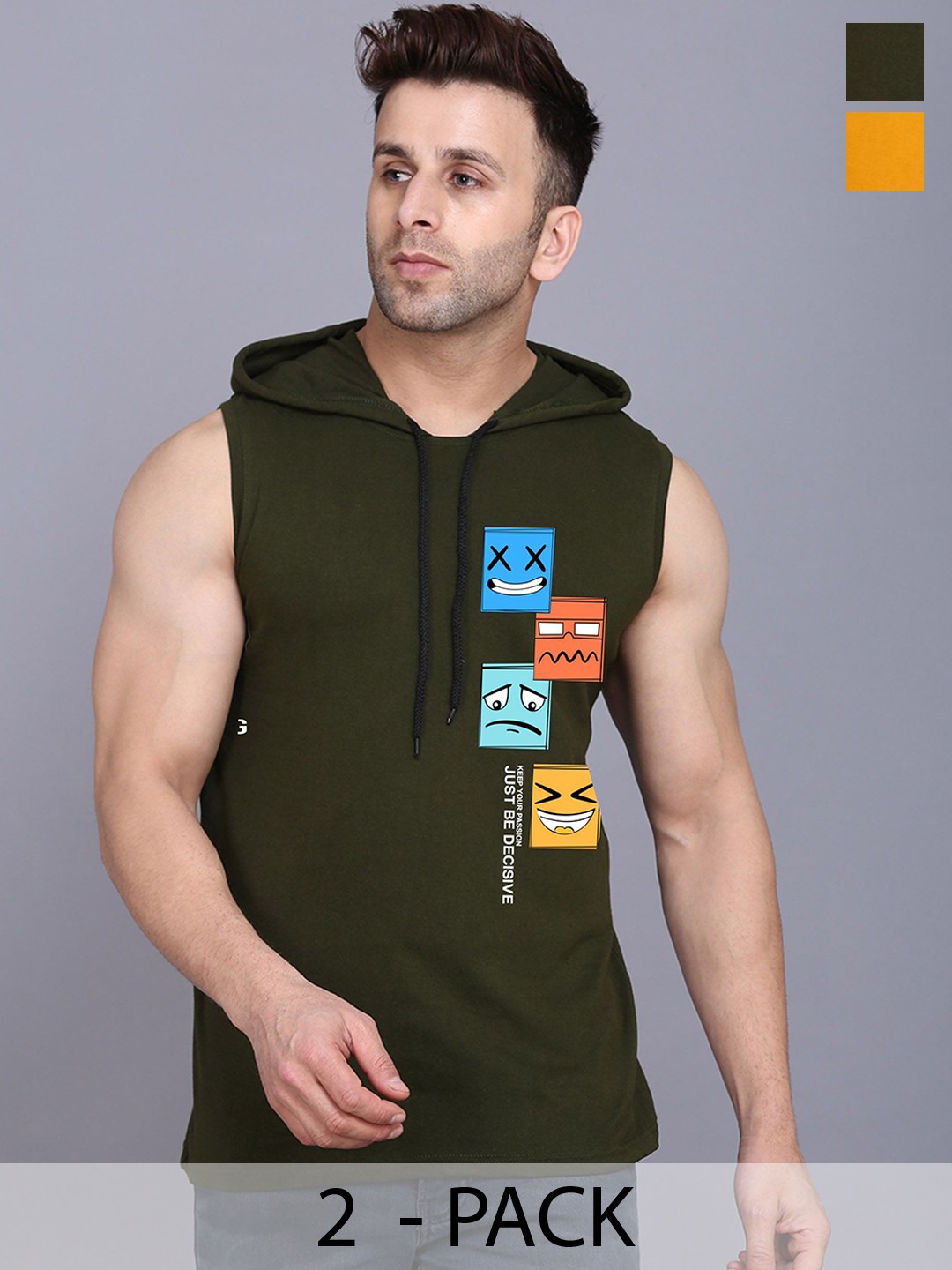 

SLOWLORIS Pack Of 2 Printed Hooded Innerwear Gym Vests, Olive