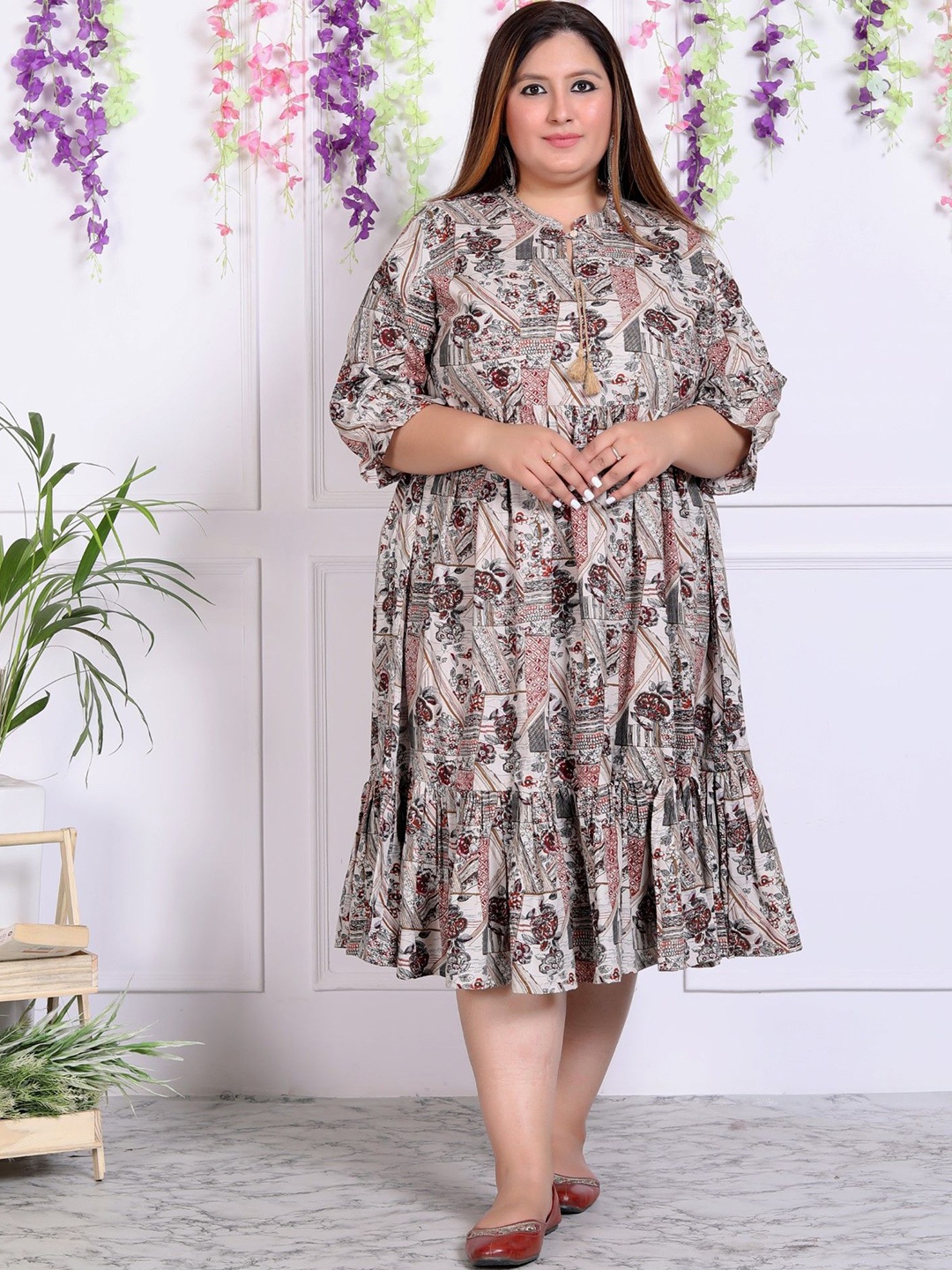 

KALINI Plus Size Floral Print Fit and Flare Midi Dress, Beige