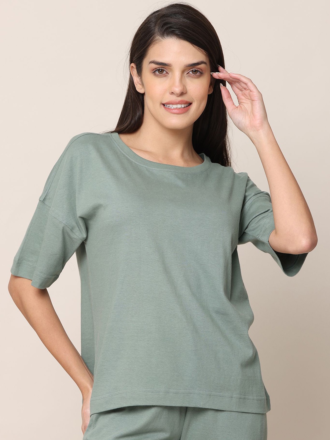 

Saltpetre Women Solid Drop-Shoulder Oversized T-shirt, Green