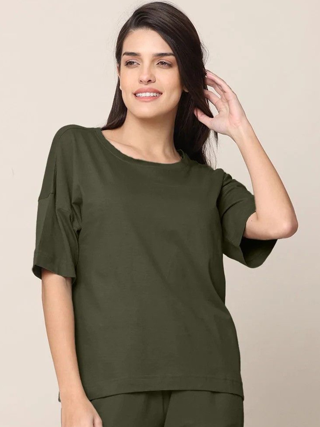 

Saltpetre Women Solid Drop-Shoulder Oversized T-shirt, Olive