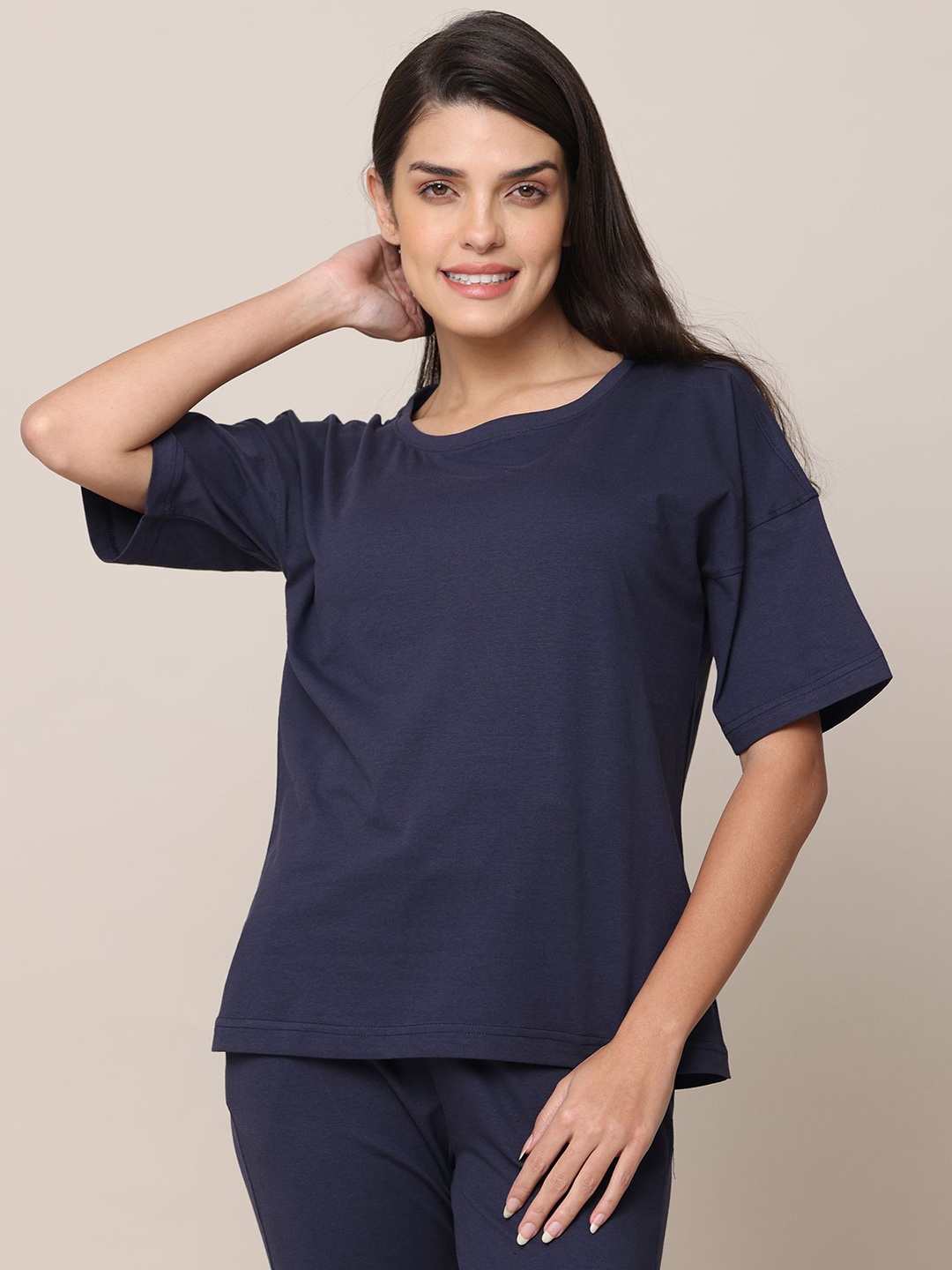 

Saltpetre Women Solid Drop-Shoulder Oversized T-shirt, Navy blue