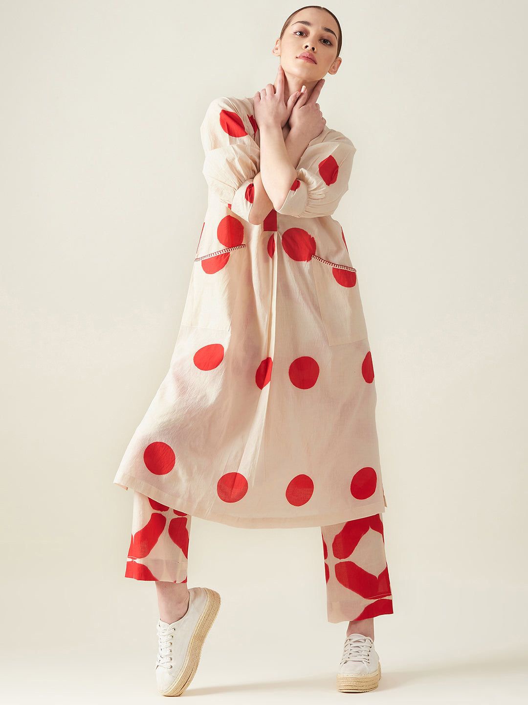 

KALINI Geometric Printed V Neck Tunic With Trousers, Cream