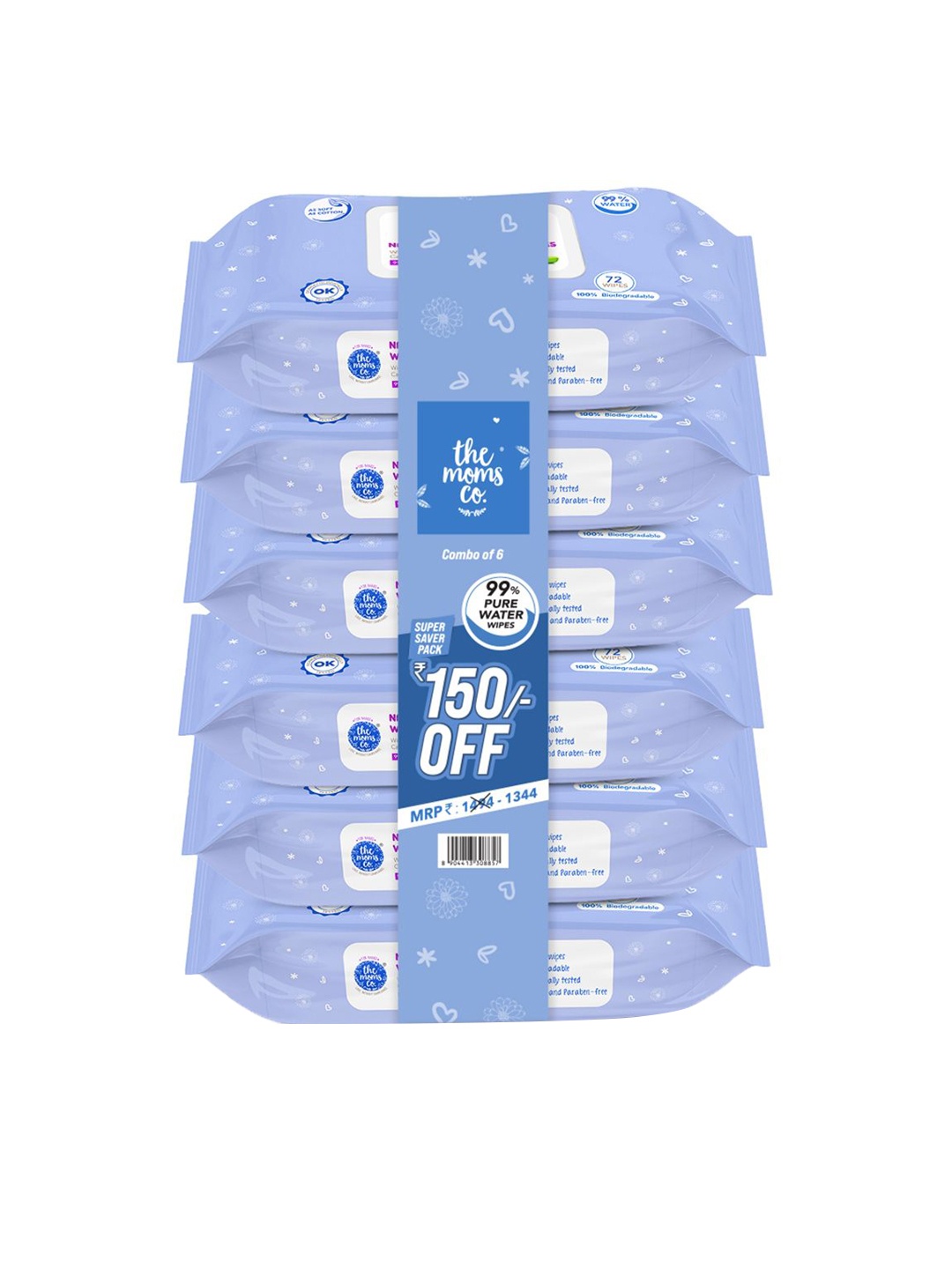 

The Moms Co. Set Of 6 Pure Water Plant Based Baby Wipes With Aloe Vera - 72 Wipes Each, White