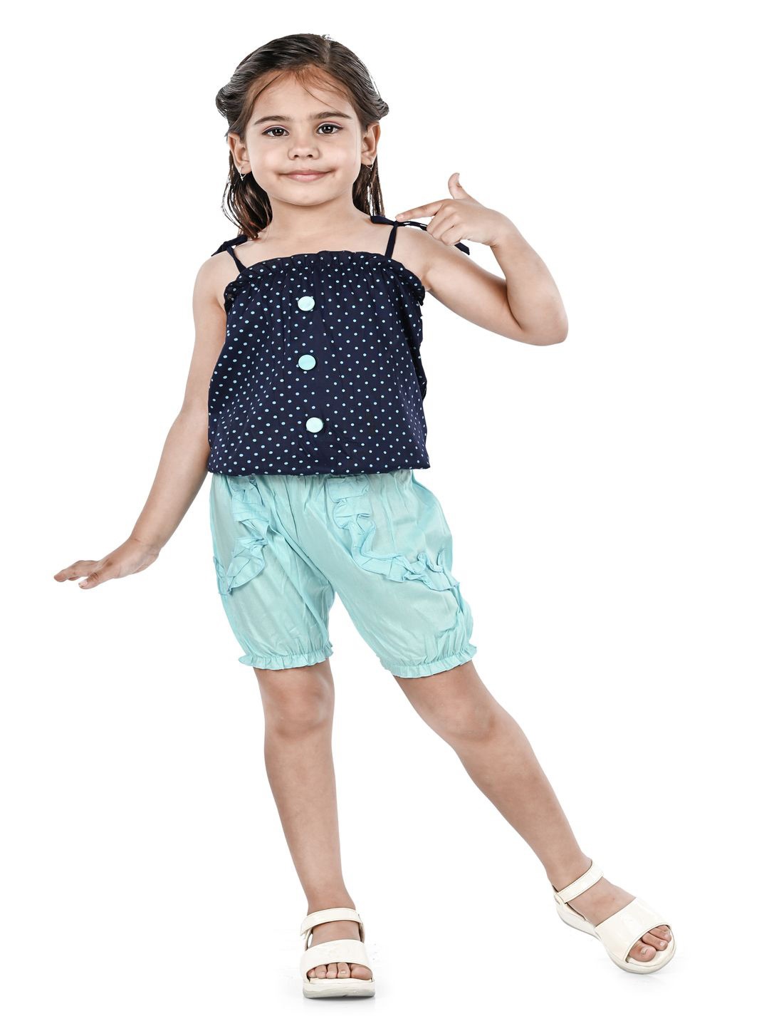 

BAESD Girls Polka Dots Printed Sleeveless Top With Shorts, Turquoise blue