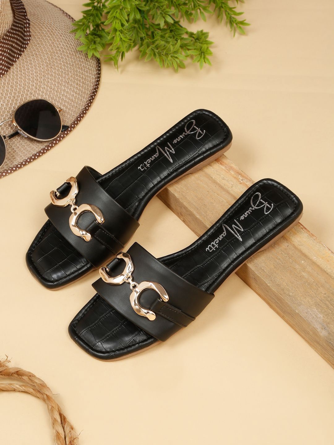 

Bruno Manetti Textured Open Toe Flats, Black