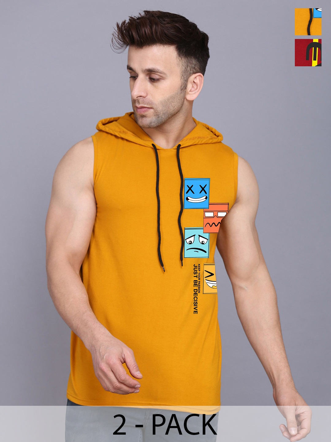 

SLOWLORIS Men Pack Of 2 Hooded Graphic Printed T-shirts, Mustard