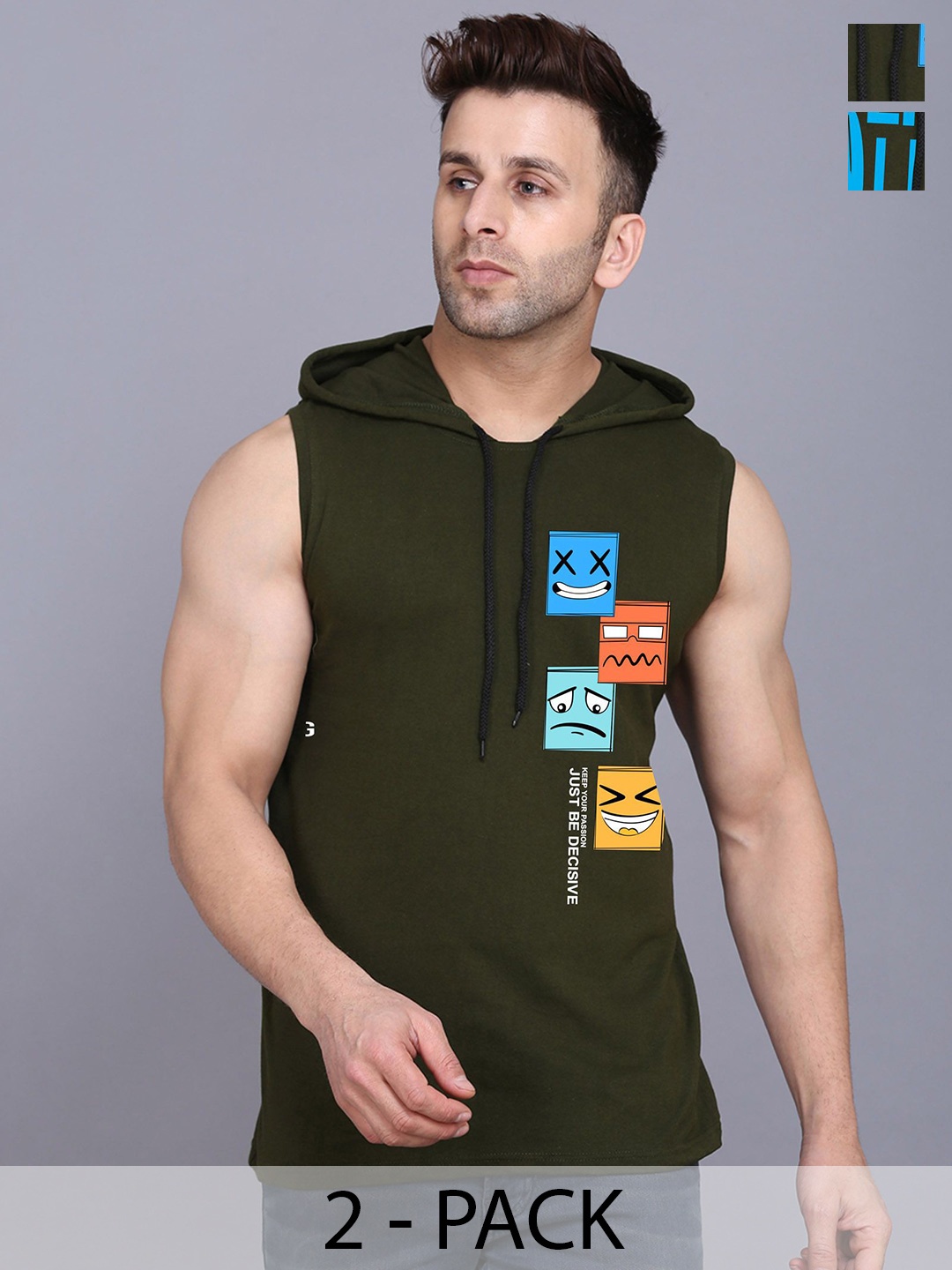 

SLOWLORIS Men Pack Of 2 Hooded Graphic Printed T-shirts, Olive