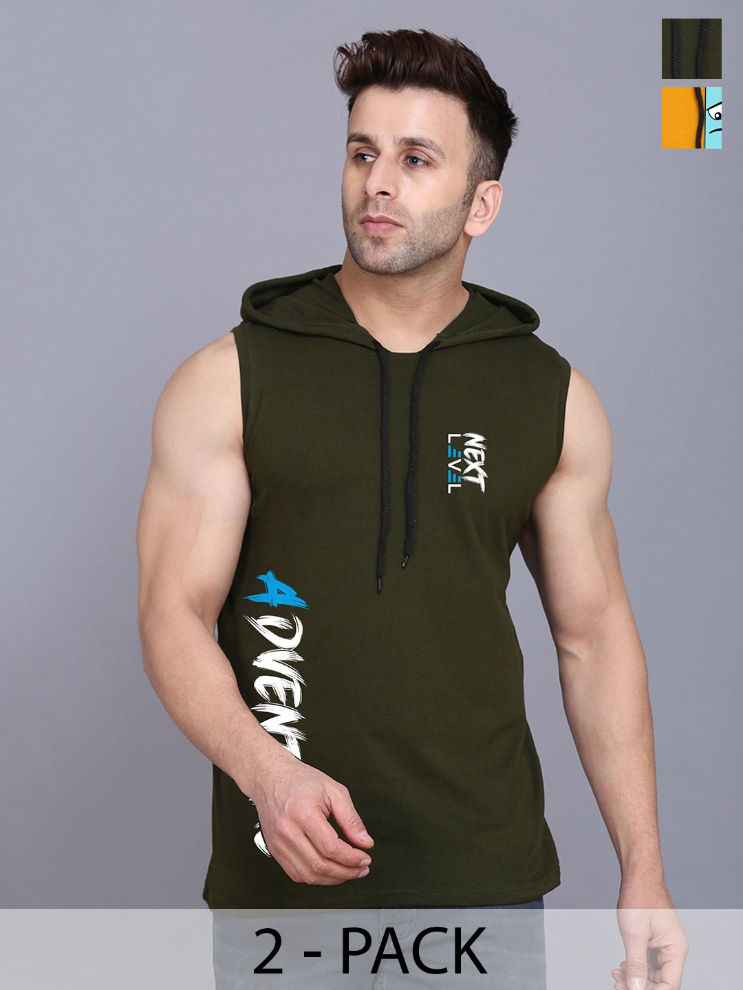 

SLOWLORIS Men Pack Of 2 Hooded Graphic Printed T-shirts, Mustard